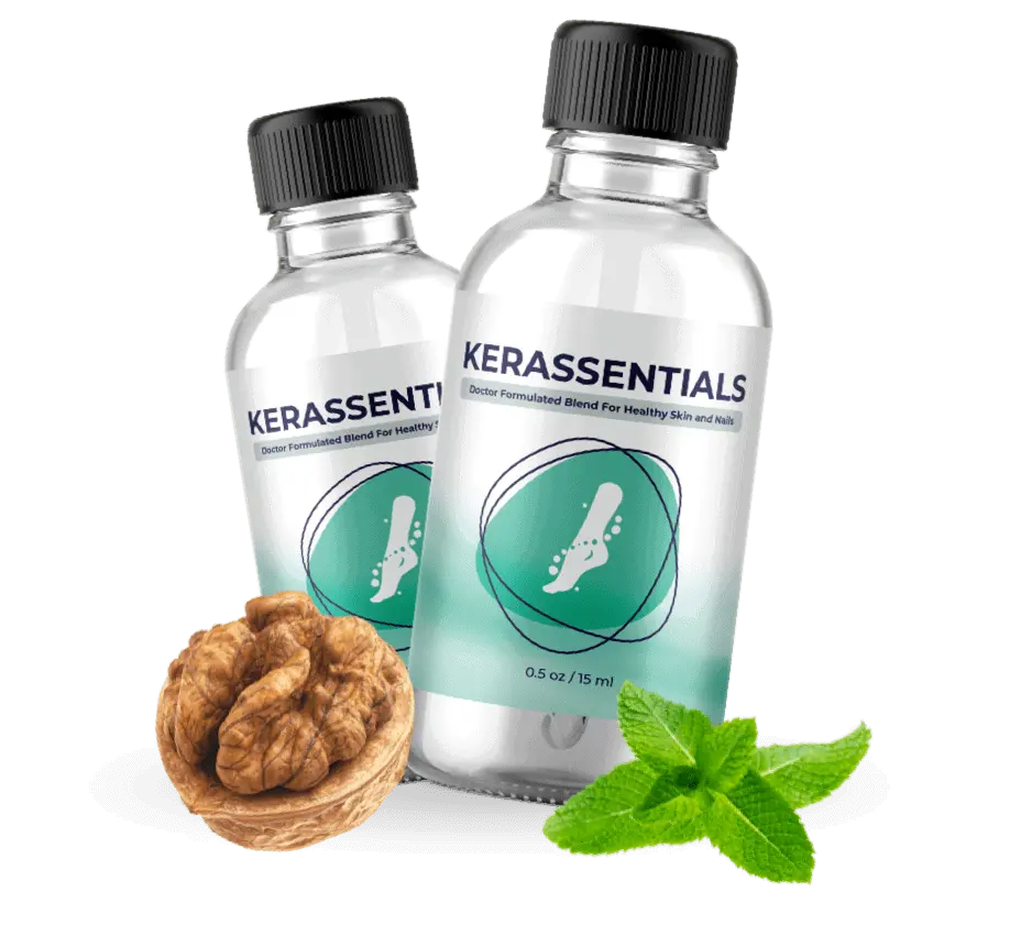 Kerassentials bottle next to natural walnut and mint leaf ingredients