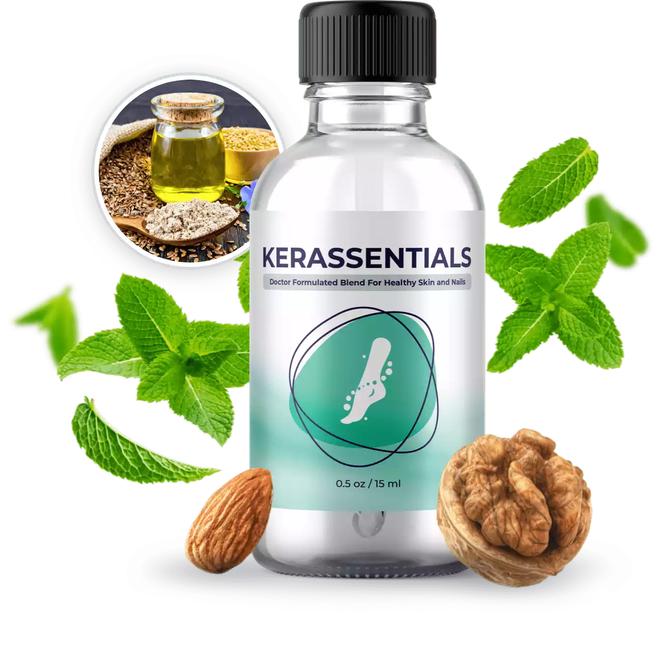 Kerassentials nail oil bottle with natural ingredients including almond, walnut, and mint leaves
